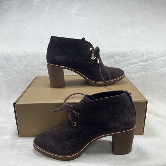 Tory Burch Suede Booties 6.5M‎ Brown Lace-Up Fur Lined Leather Upper Heel - Picture 1 of 6